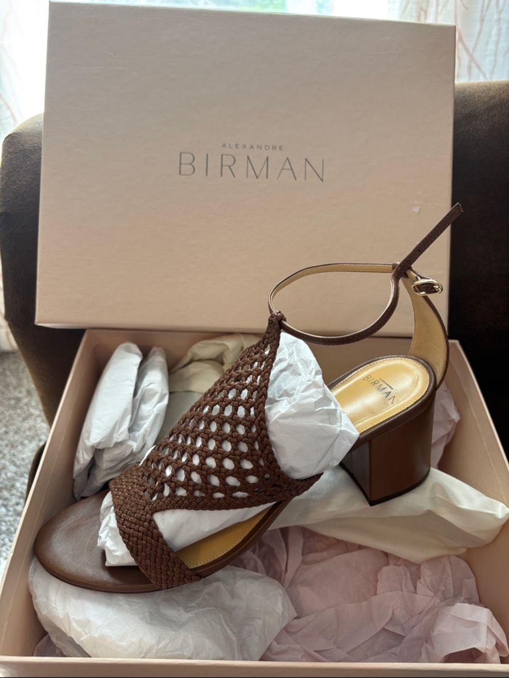 Alexandre Birman Brown Woven Ankle-Strap Block Heel Sandals